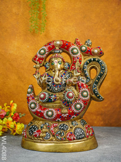 Brass Seated Ganesha Idol with Multicolour Stone Work - WL4088