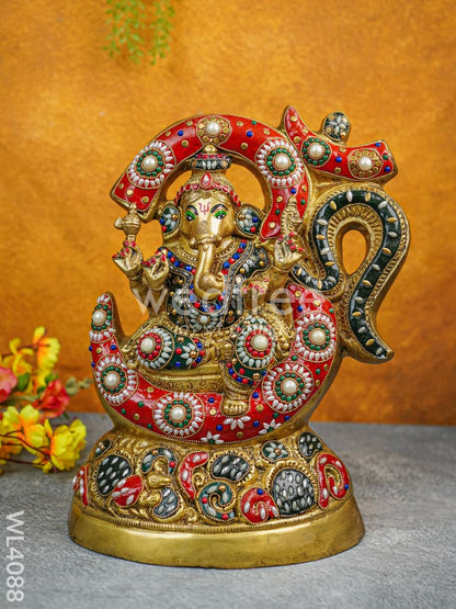 Brass Seated Ganesha Idol with Multicolour Stone Work - WL4088