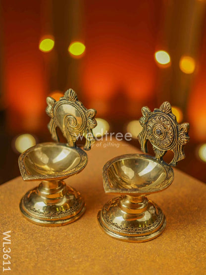 Brass Shanku Chakra Diya with Stand - Set of 2 - WL3611