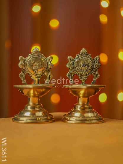 Brass Shanku Chakra Diya with Stand - Set of 2 - WL3611