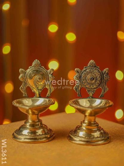 Brass Shanku Chakra Diya with Stand - Set of 2 - WL3611
