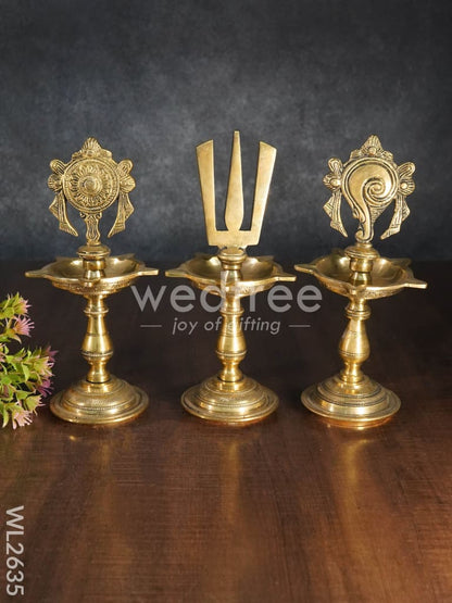 Brass Shanku Chakra Naama Five Face Diya - Set of 3 - WL2635