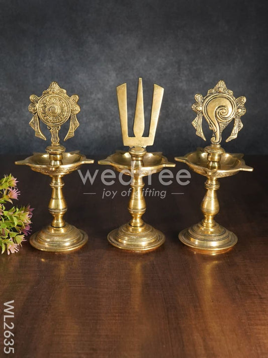 Brass Shanku Chakra Naama Five Face Diya - Set of 3 - WL2635