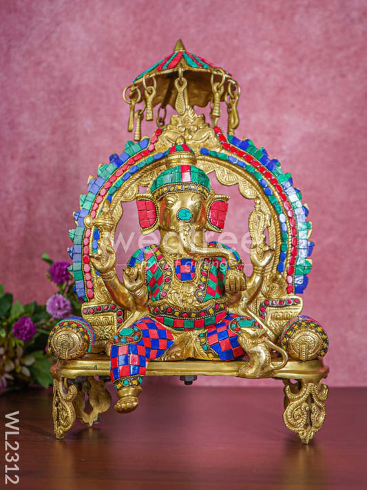 Brass Simhasan Ganesha with Tile Work - WL2312