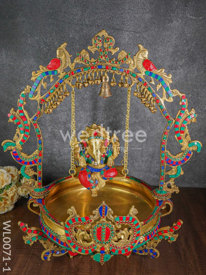 Brass Swing Ganesha Urli with Tile Work - WL0071-1