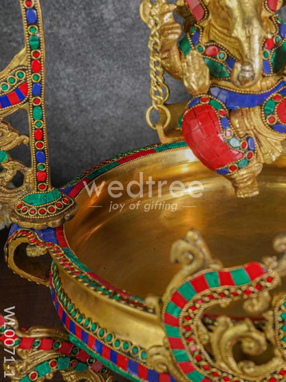 Brass Swing Ganesha Urli with Tile Work - WL0071-1