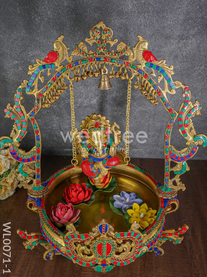 Brass Swing Ganesha Urli with Tile Work - WL0071-1
