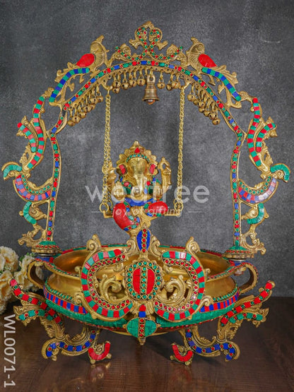 Brass Swing Ganesha Urli with Tile Work - WL0071-1