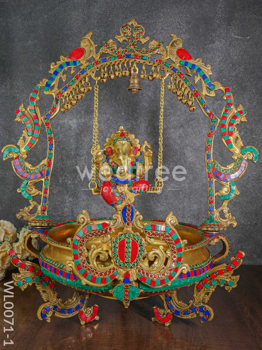 Brass Swing Ganesha Urli with Tile Work - WL0071-1