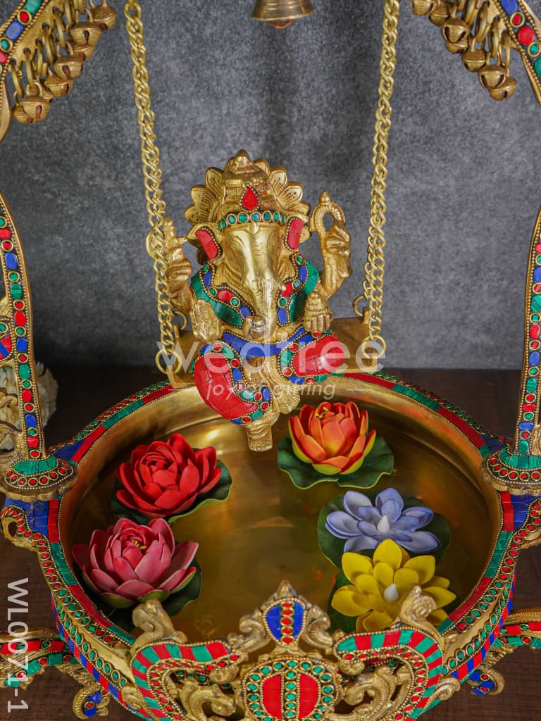 Brass Swing Ganesha Urli with Tile Work - WL0071-1