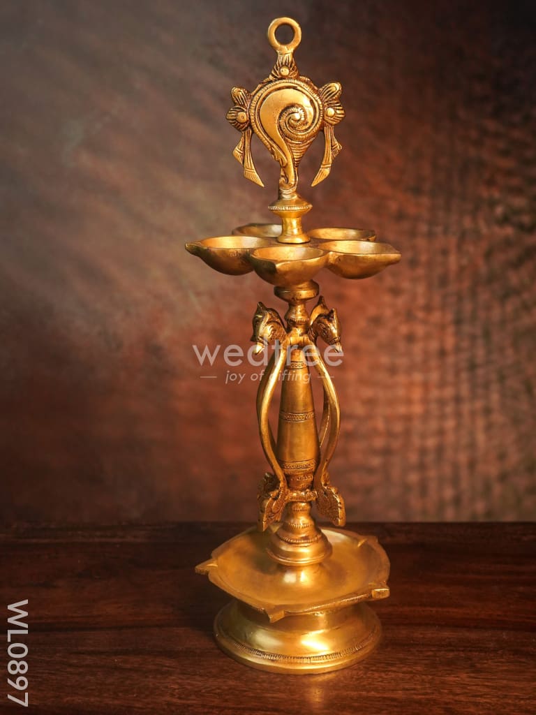 Brass Two Steps Shank Chakra Nama Diya with Peacock Design in the Middle - Black Antique Finish - WL0897