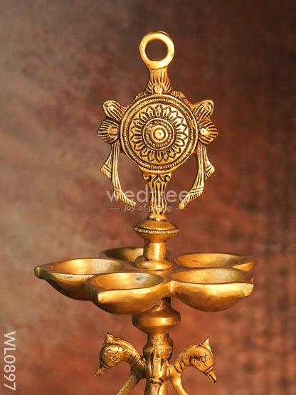 Brass Two Steps Shank Chakra Nama Diya with Peacock Design in the Middle - Black Antique Finish - WL0897