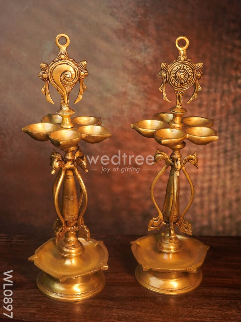 Brass Two Steps Shank Chakra Nama Diya with Peacock Design in the Middle - Black Antique Finish - WL0897