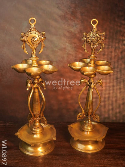 Brass Two Steps Shank Chakra Nama Diya with Peacock Design in the Middle - Black Antique Finish - WL0897