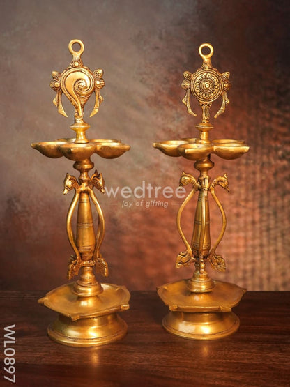 Brass Two Steps Shank Chakra Nama Diya with Peacock Design in the Middle - Black Antique Finish - WL0897