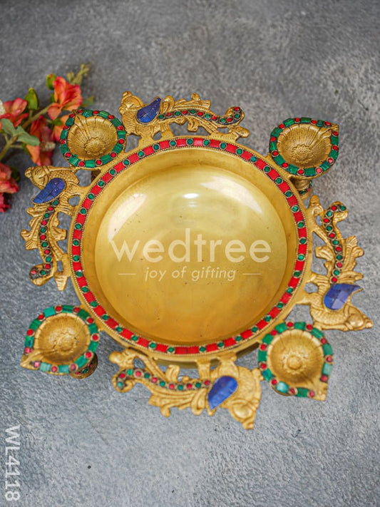 Brass Urli with Diya and Bells - Stonework -WL4118