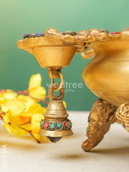 Brass Urli with Diya and Bells - Stonework - WL4745