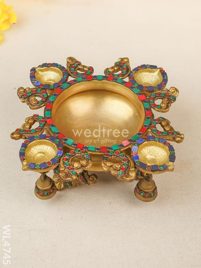 Brass Urli with Diya and Bells - Stonework - WL4745