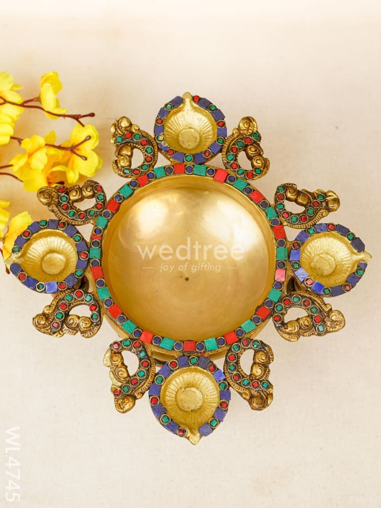 Brass Urli with Diya and Bells - Stonework - WL4745
