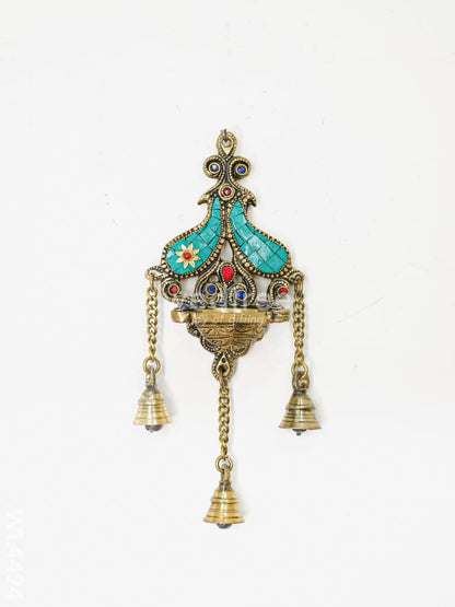 Brass Wall Hanging Diya with Stone Work - Green - WL4494-1