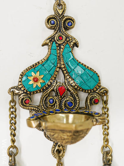 Brass Wall Hanging Diya with Stone Work - Green - WL4494-1