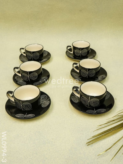 Ceramic Cup and Saucer Set - Black with Whirl Design - WL0994-3