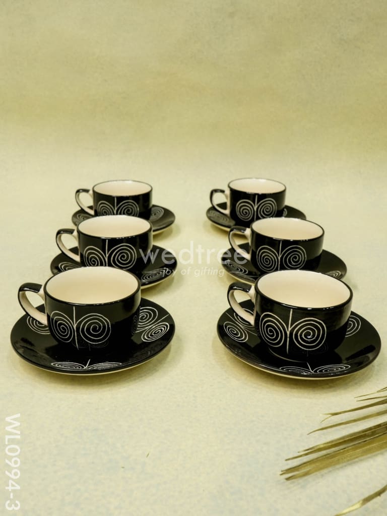 Ceramic Cup and Saucer Set - Black with Whirl Design - WL0994-3