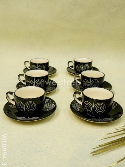 Ceramic Cup and Saucer Set - Black with Whirl Design - WL0994-3