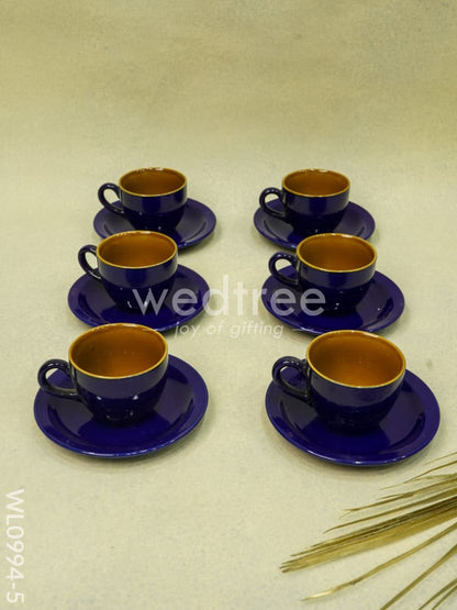 Ceramic Cup and Saucer Set - Blue with Brown Design - WL0994-5