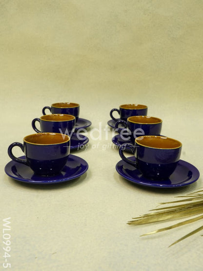 Ceramic Cup and Saucer Set - Blue with Brown Design - WL0994-5