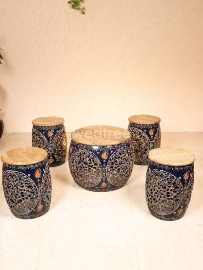 Coffee centre table with 4 side stools (Hand painted with Jhaali cutting) - block wl0295-2