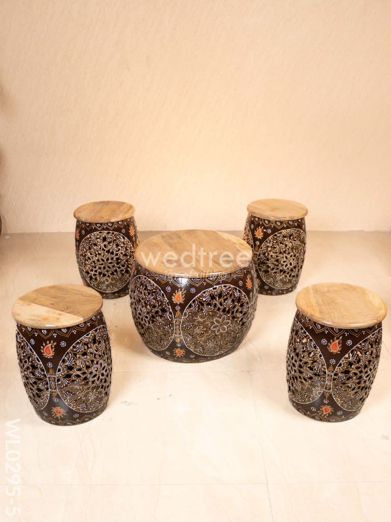 Coffee centre table with 4 side stools (Hand painted with Jhaali cutting) - Brown - WL0295-5