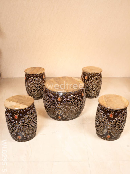 Coffee centre table with 4 side stools (Hand painted with Jhaali cutting) - Brown - WL0295-5