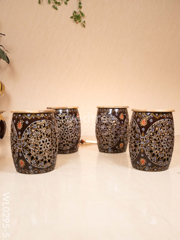 Coffee centre table with 4 side stools (Hand painted with Jhaali cutting) - Brown - WL0295-5