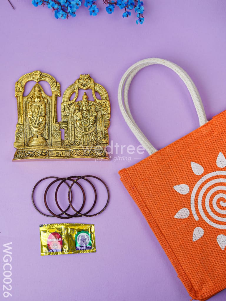 Combo - Jute Bag & White Metal Tirupati Balaji and Padmavathi Thayar - WGC0026