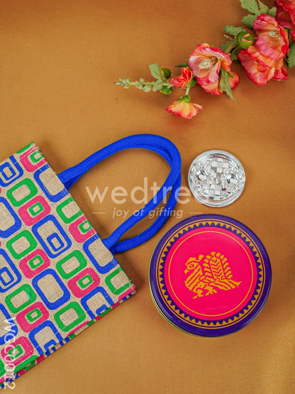 Combo - Kanjivaram Box with 2 Cup Kumkum Holder in Jute Bag - WGC0012