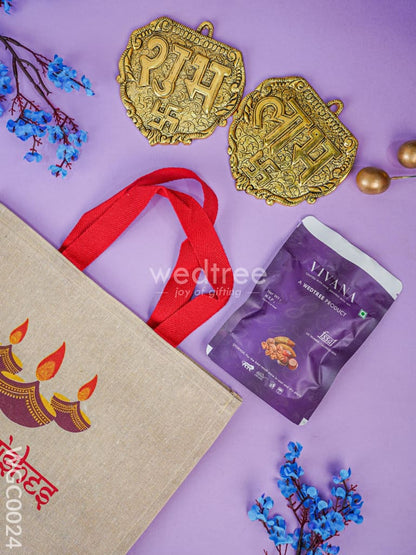 Combo - White Metal Shubh Laabh Plates , Juco Bag & 50gms Dry fruit Pack - WGC0024