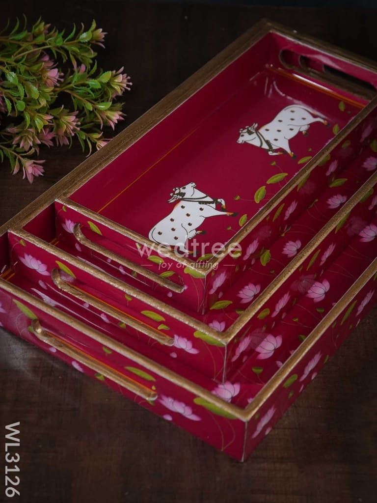 Digital Printed Pichwai Trays (Pink) - Set of 3 - WL3126