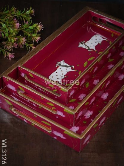 Digital Printed Pichwai Trays (Pink) - Set of 3 - WL3126