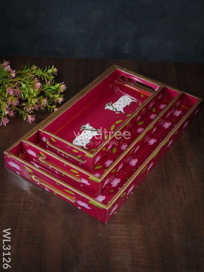 Digital Printed Pichwai Trays (Pink) - Set of 3 - WL3126