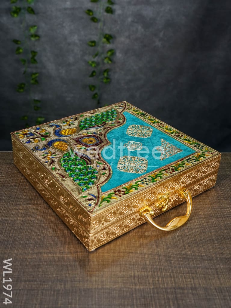 Dry Fruit Box - Meenakari Peacock Velvet Blue Briefcase 11x11 - WL1974
