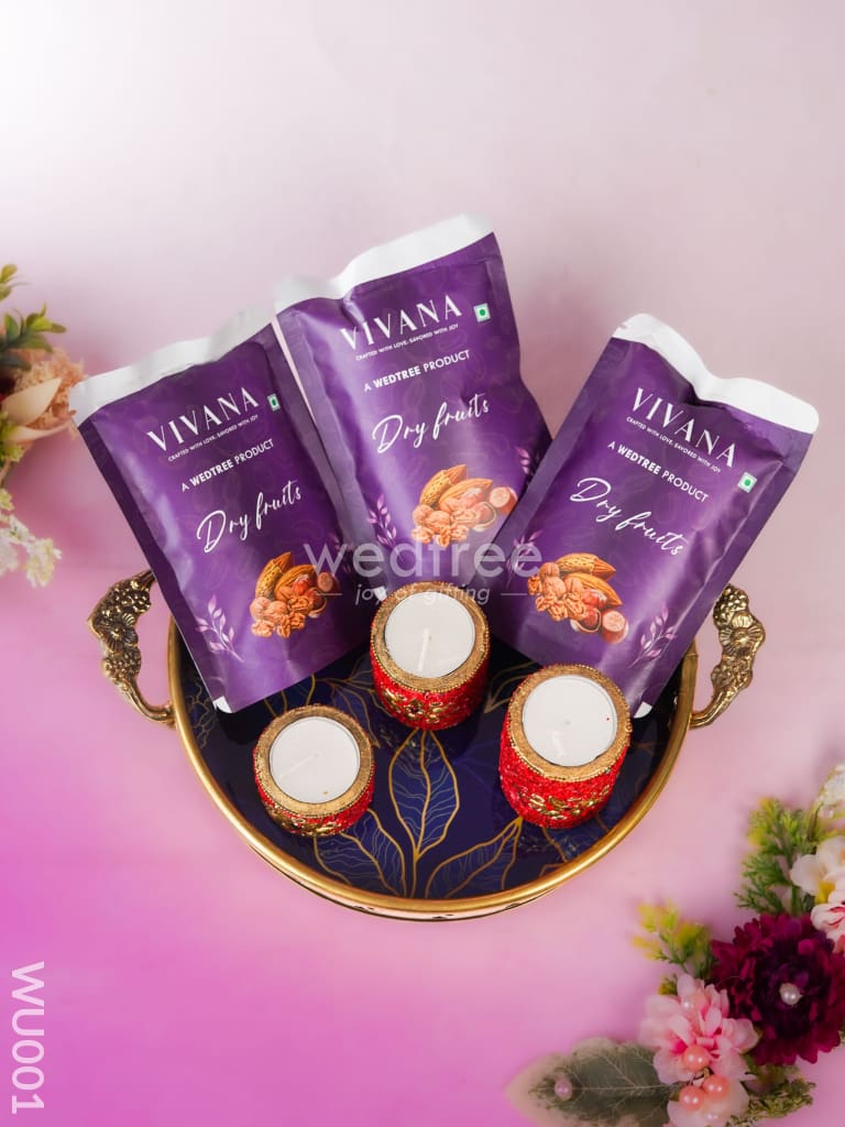 Festive Combo - Brass Tray with Dry Fruits & Wooden Candle Holder - WU001