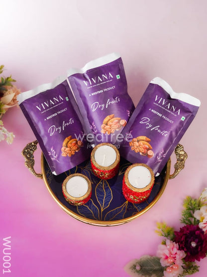 Festive Combo - Brass Tray with Dry Fruits & Wooden Candle Holder - WU001