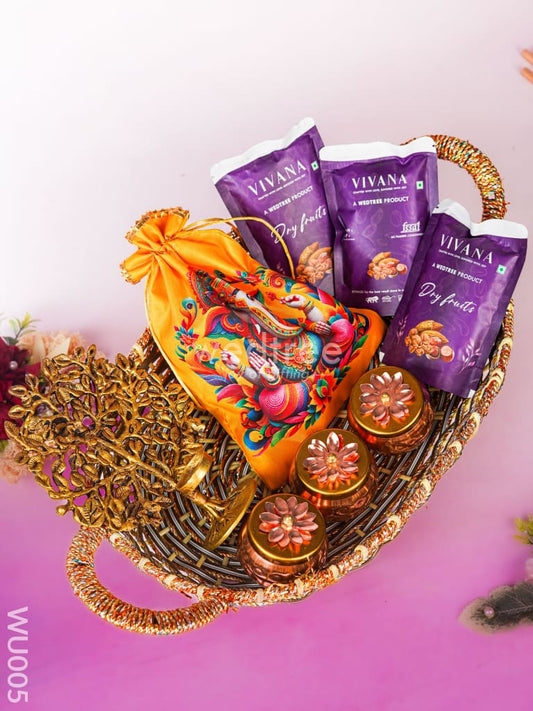 Festive Combo - Decorative Basket with  Kalpavriksha Tree, Tin Jar, Bag with Dry Fruits - WU005