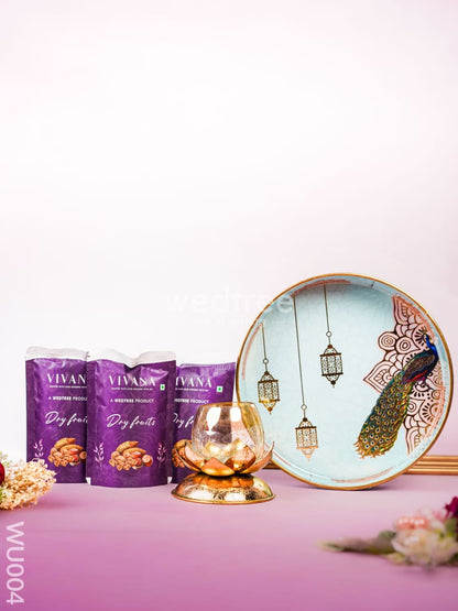 Festive Combo - Peacock Tray with Candle Holder & Dry Fruits - WU004