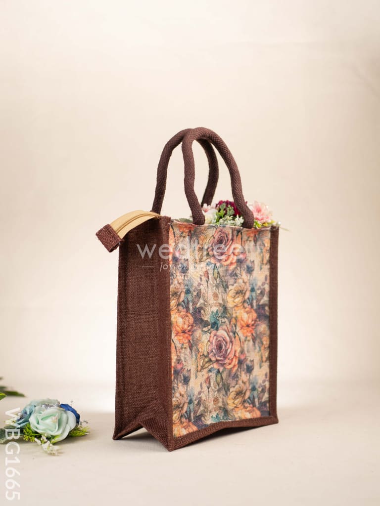 Floral Printed Jute Bag - Brown - WBG1665