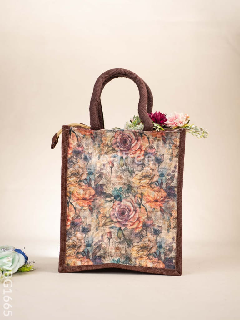 Floral Printed Jute Bag - Brown - WBG1665
