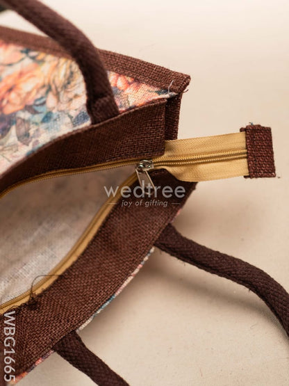 Floral Printed Jute Bag - Brown - WBG1665