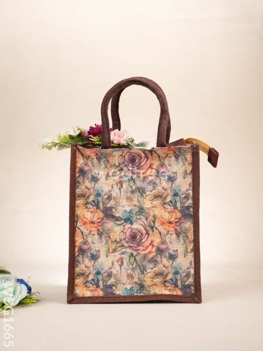 Floral Printed Jute Bag - Brown - WBG1665