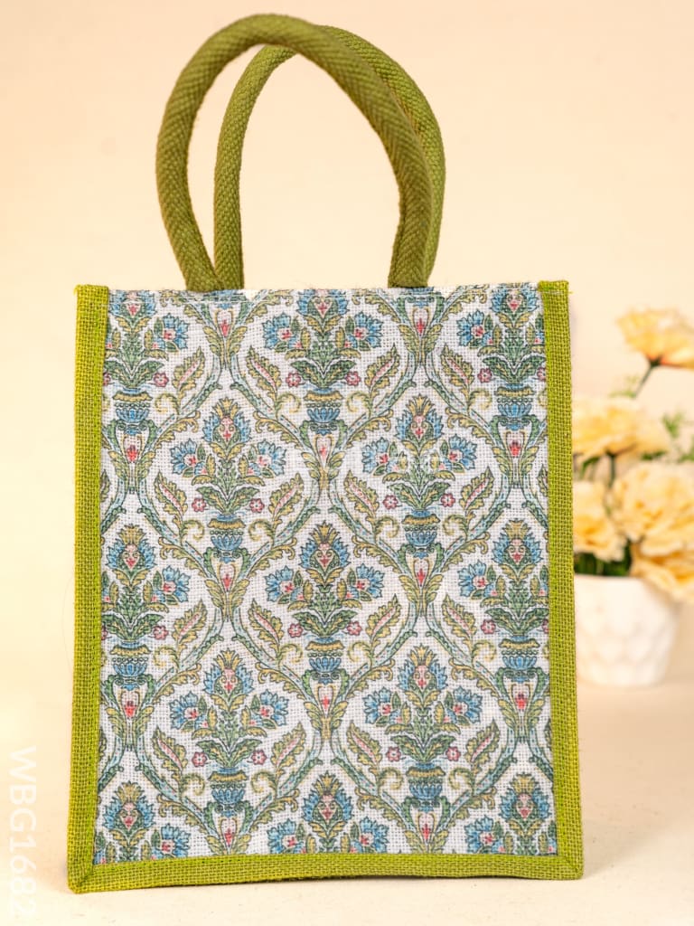 Floral Printed Jute Bag - Green - WBG1682